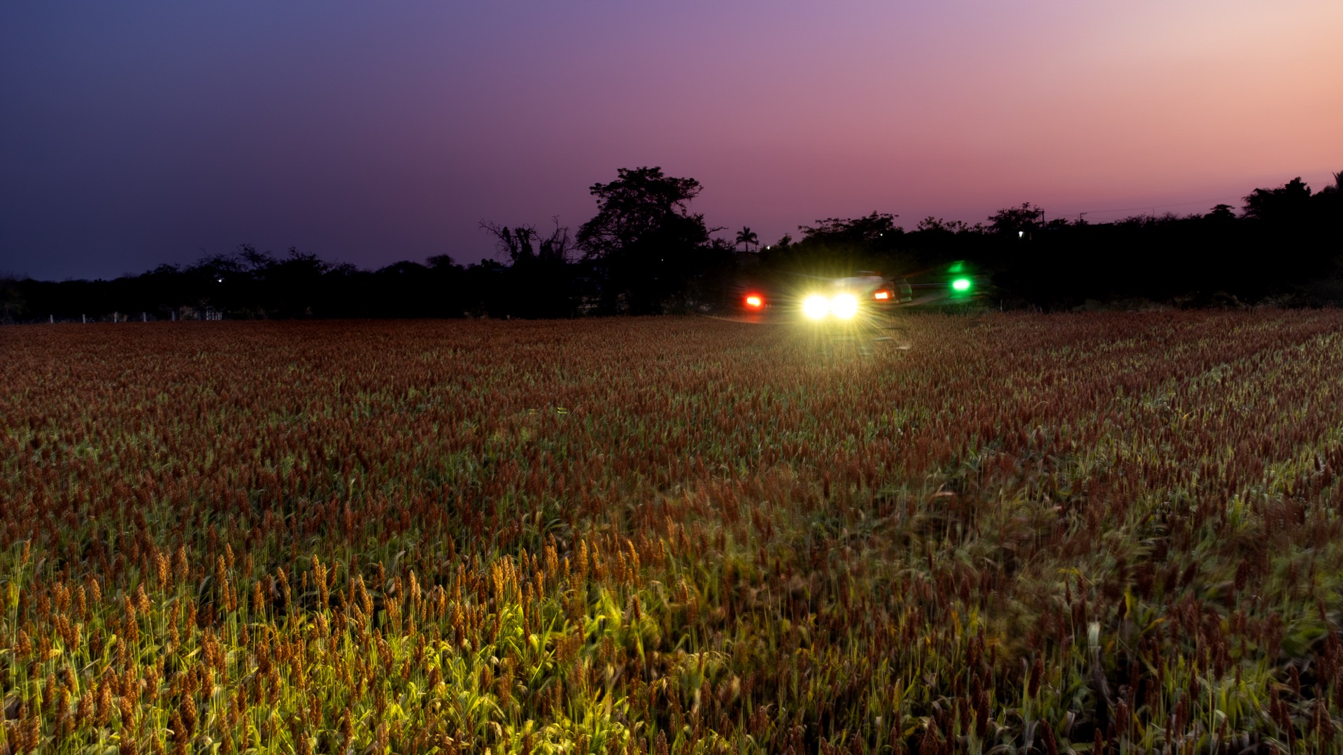 Dron agrícola en operación nocturna sobre un cultivo