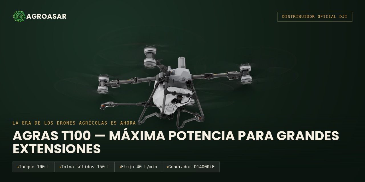 Agras T100: tanque de 100 litros, tolva de sólidos de 150 litros y flujo de 40 litros por minuto