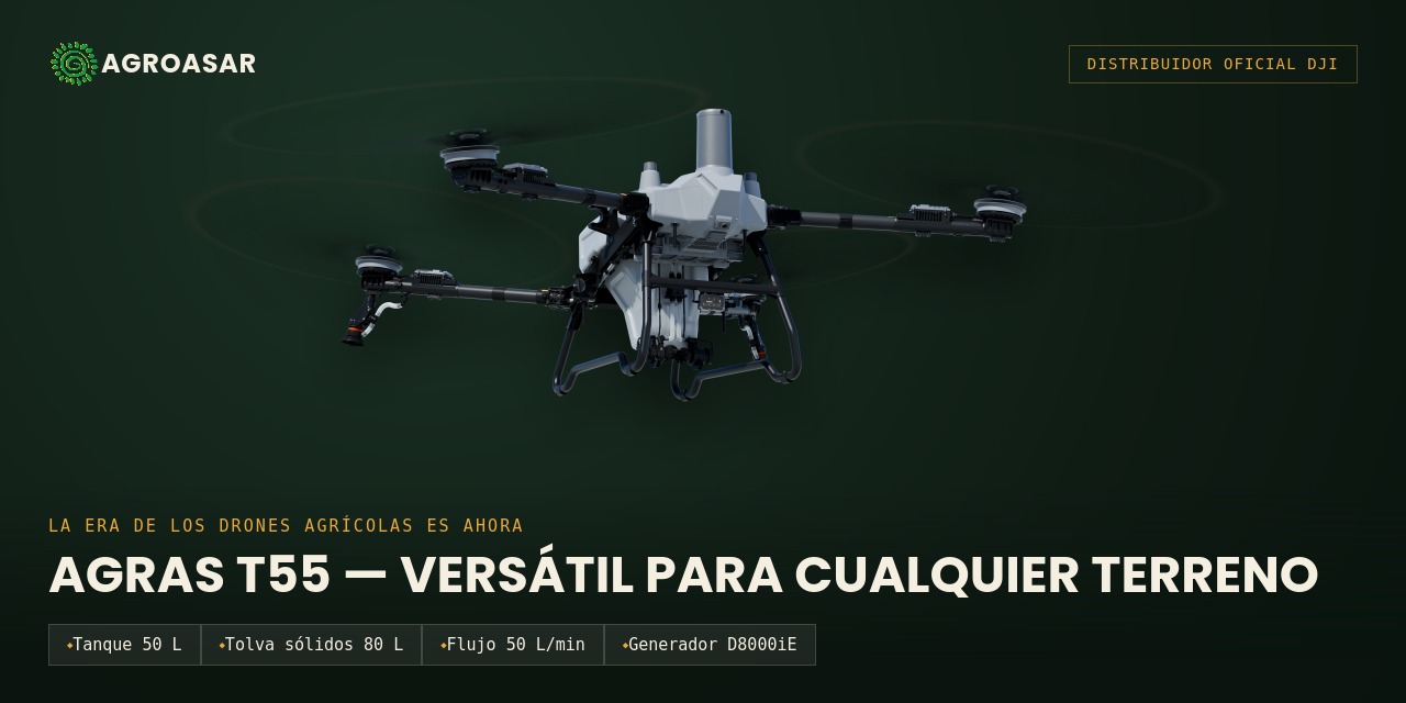 Agras T55: tanque de 50 litros, tolva de sólidos de 80 litros y flujo de 50 litros por minuto